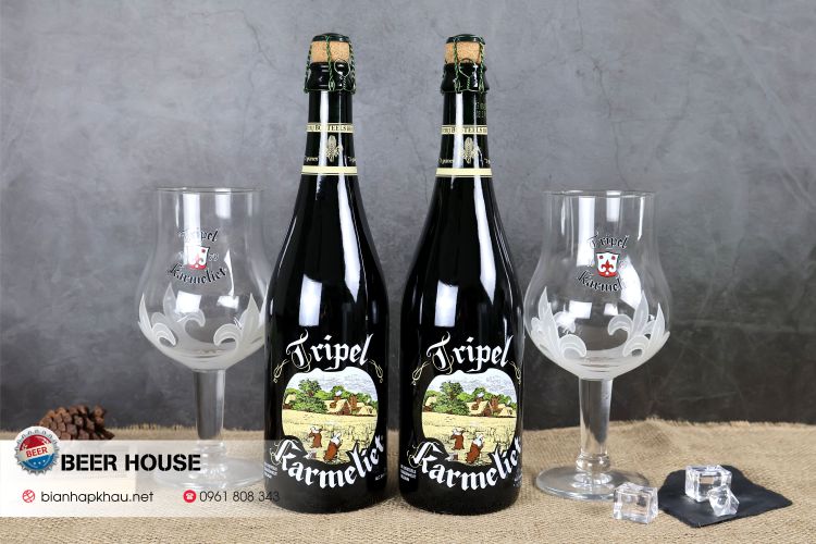 Chai bia và ly bia Karmeliet Tripel chính hãng