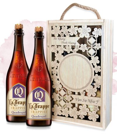 hộp gỗ 2 cha bia la trappe Qudrupel 750ml