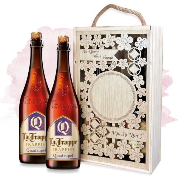 hộp gỗ 2 cha bia la trappe Qudrupel 750ml